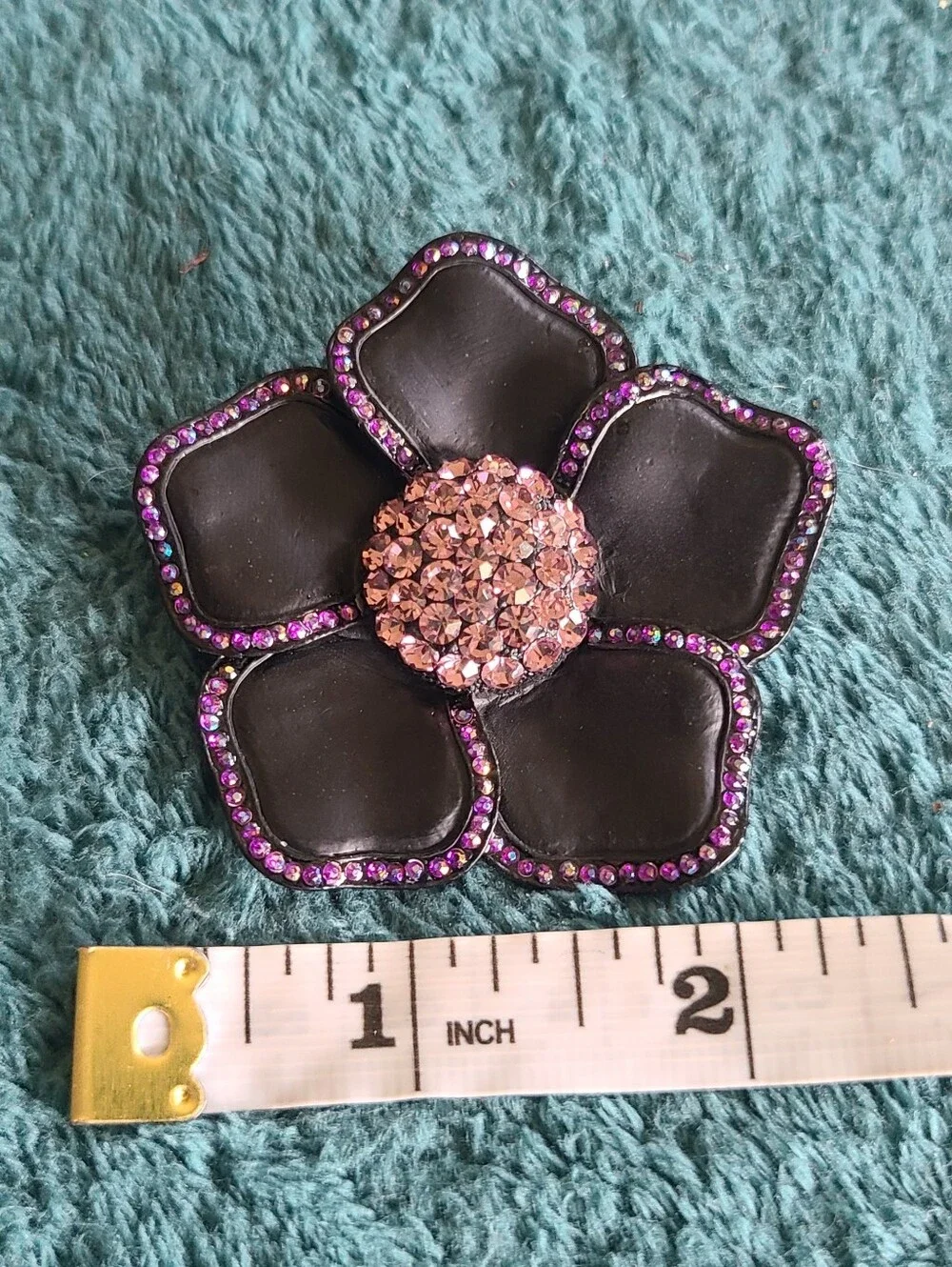 Black Flower Brooch with Purple Crystal Trim and Pink Center - Women's Jewelry